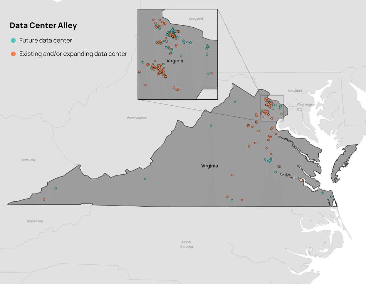 Map of the region known as data center alley