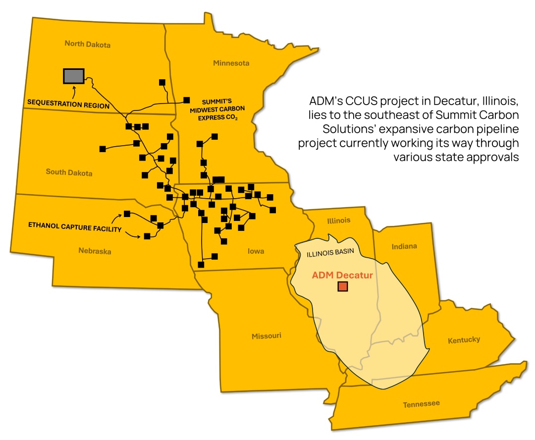 A map showing the proximity of ADM's CCUS project in Decatur, Illinois to Summit Carbon Solution's expansive carbon pipeline in the northwest