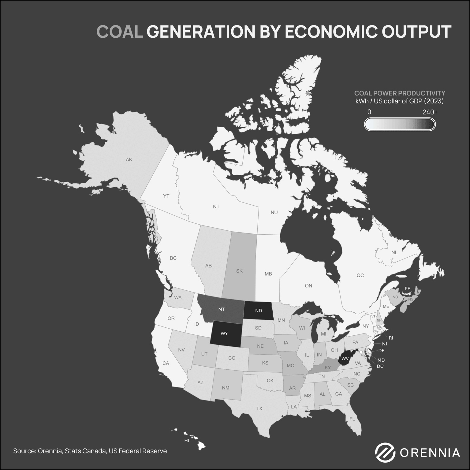 A map of North America gif showing various power generation by economic output including solar, wind, natural gas, coal, hydro and nuclear