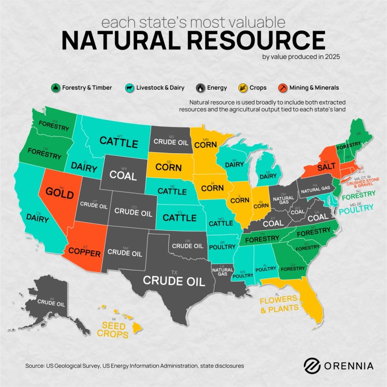 A map of each US state's most valuable resource