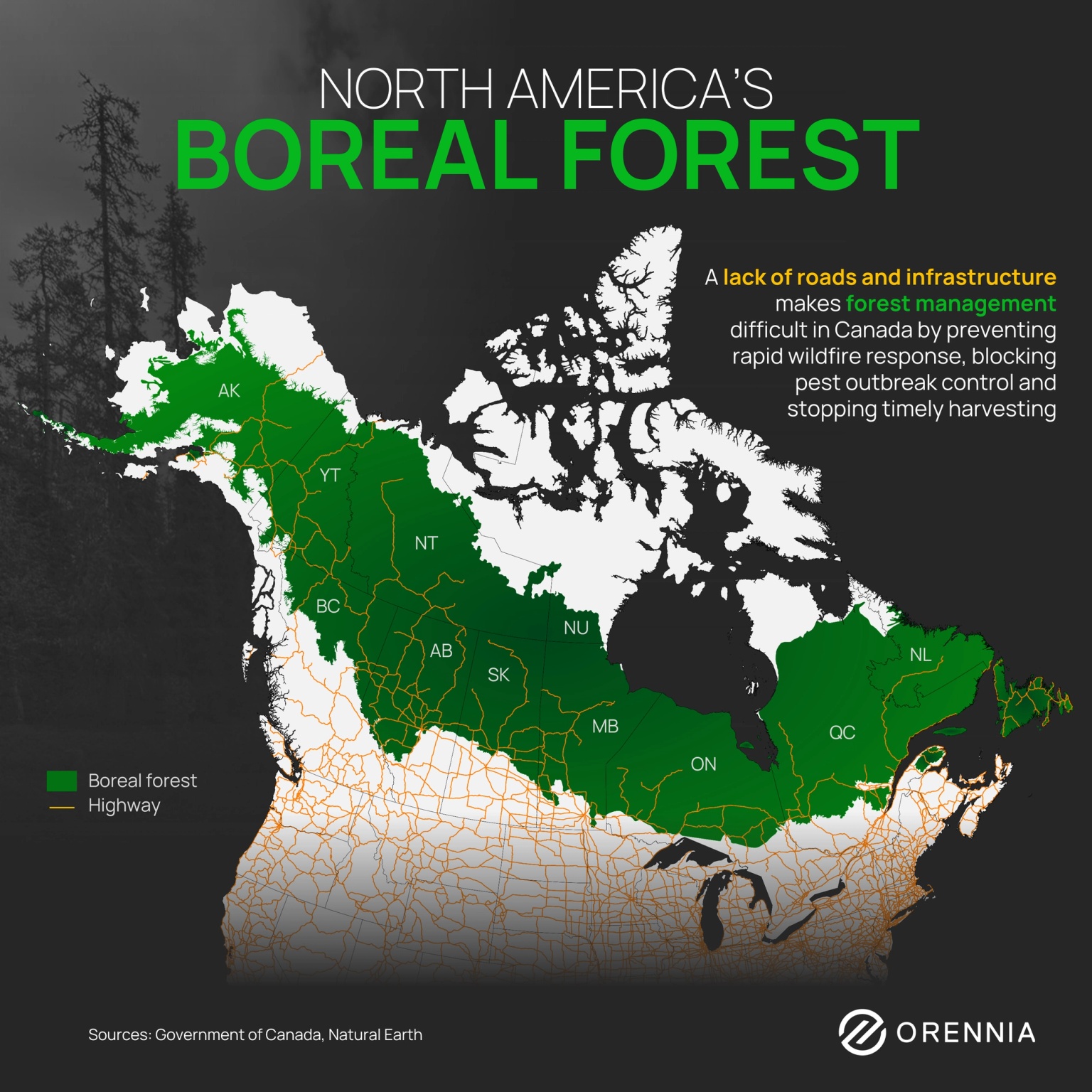 Map showing the vast size and remoteness of Canada's boreal forest.