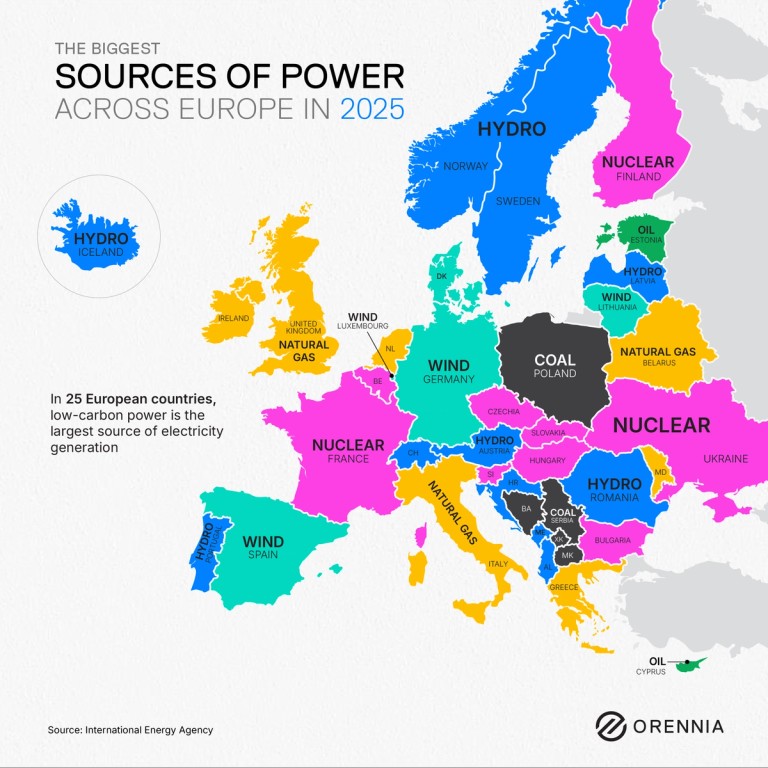 Map showing the biggest source of power across Europe in 2025