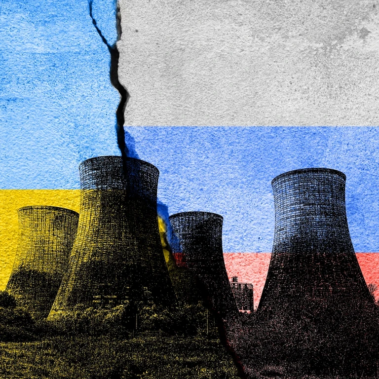 Image of nuclear power plant stacks with an overlay of a Ukrainian and Russian flag