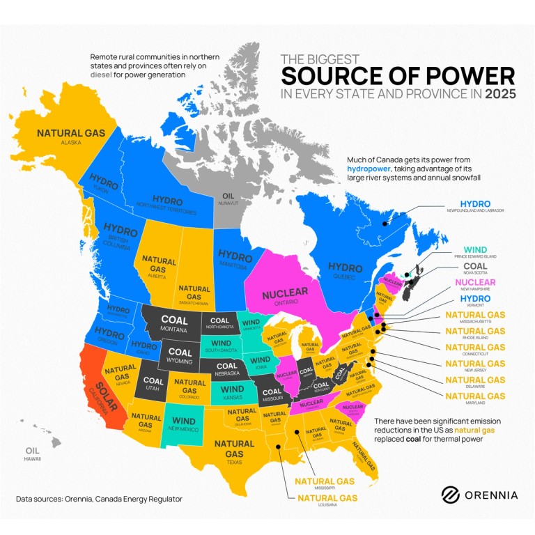 Map showing the biggest source of power in every state and province in 2025