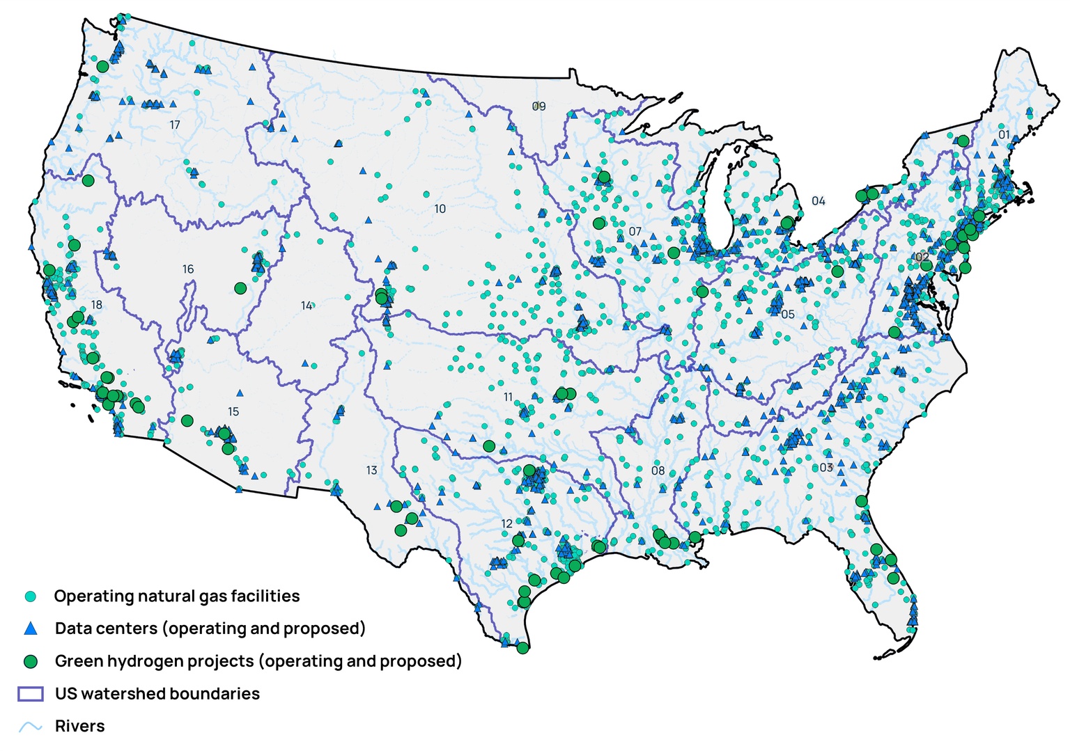 A map of water-intensive energy facilities in the United States