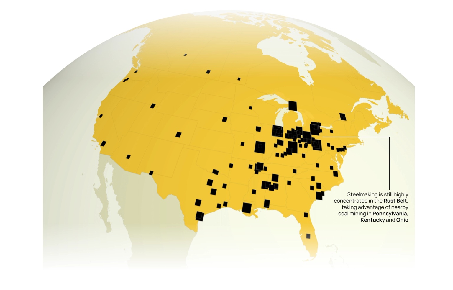 Map showing operating steel plants scross North America, scaled by their 2024 emissions