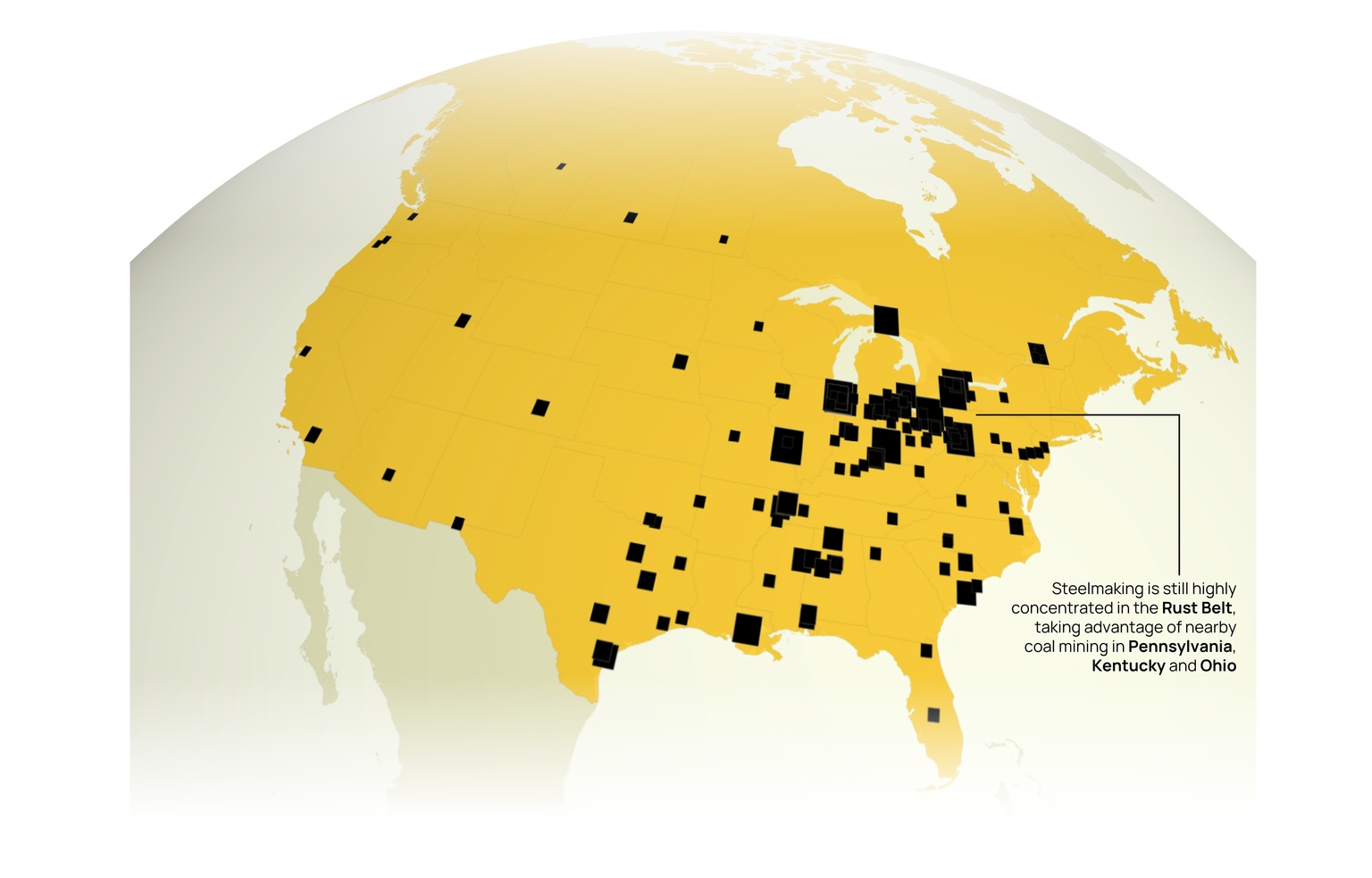 Map showing operating steel plants scross North America, scaled by their 2024 emissions