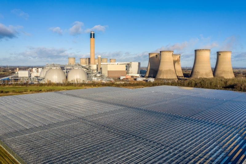Aerial view of Drax Power Station and the greenhouses that use excess heat for salad production