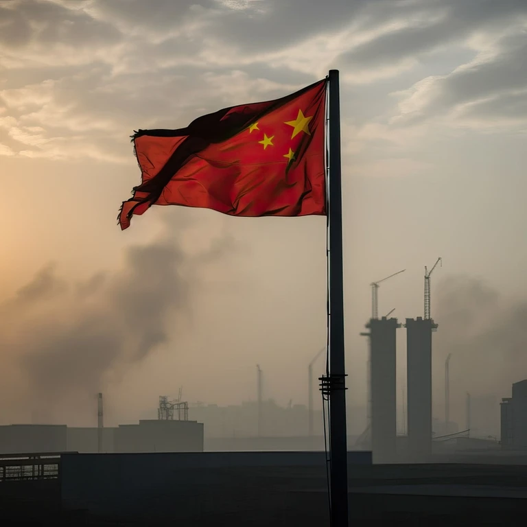 Image of China's flag against an industrial emissions backdrop