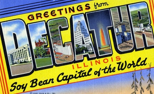 Image of a postcard offering greetings from Decatur Illinois