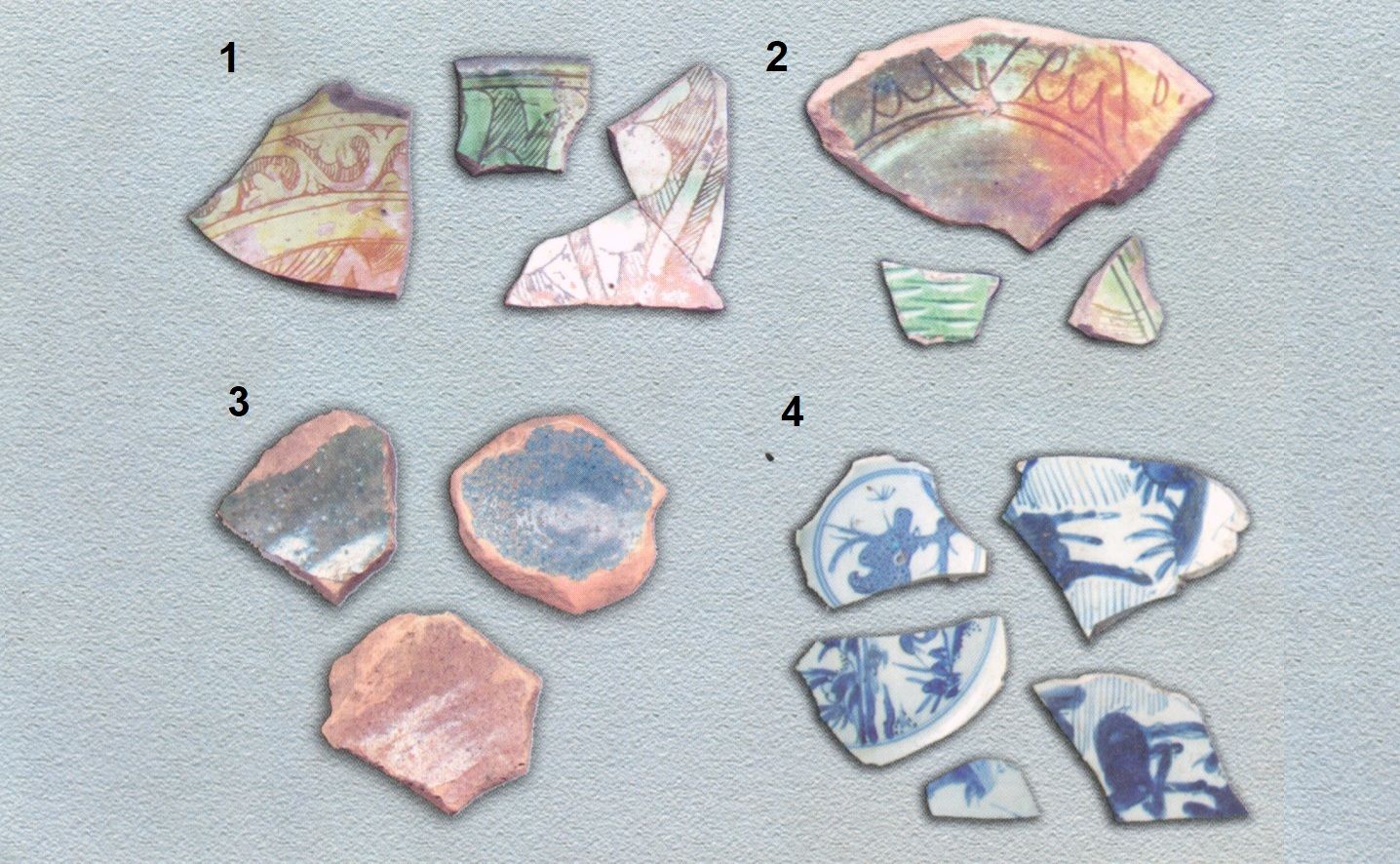 1. Early Medieval Persian Ware; 2. Early Medieval Persian Hatched sGraffiato Ware; 3. Monochrome Ware; 4. Sparrow, heron, falcon and deer depicted on the Chinese Blue-on-White Porcelain