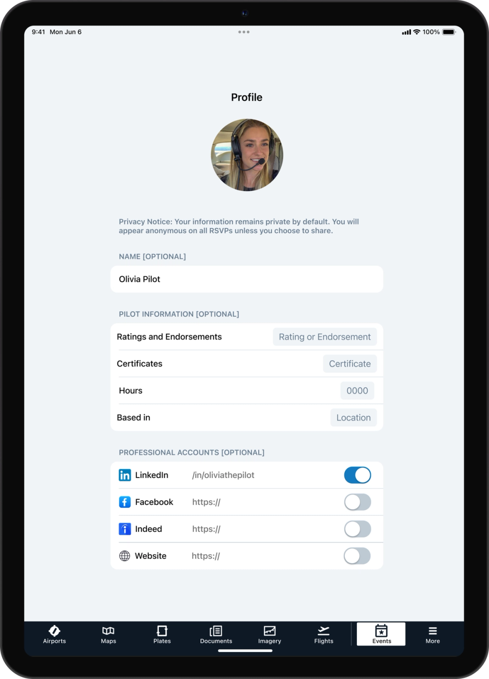 ForeFlight pilot profile