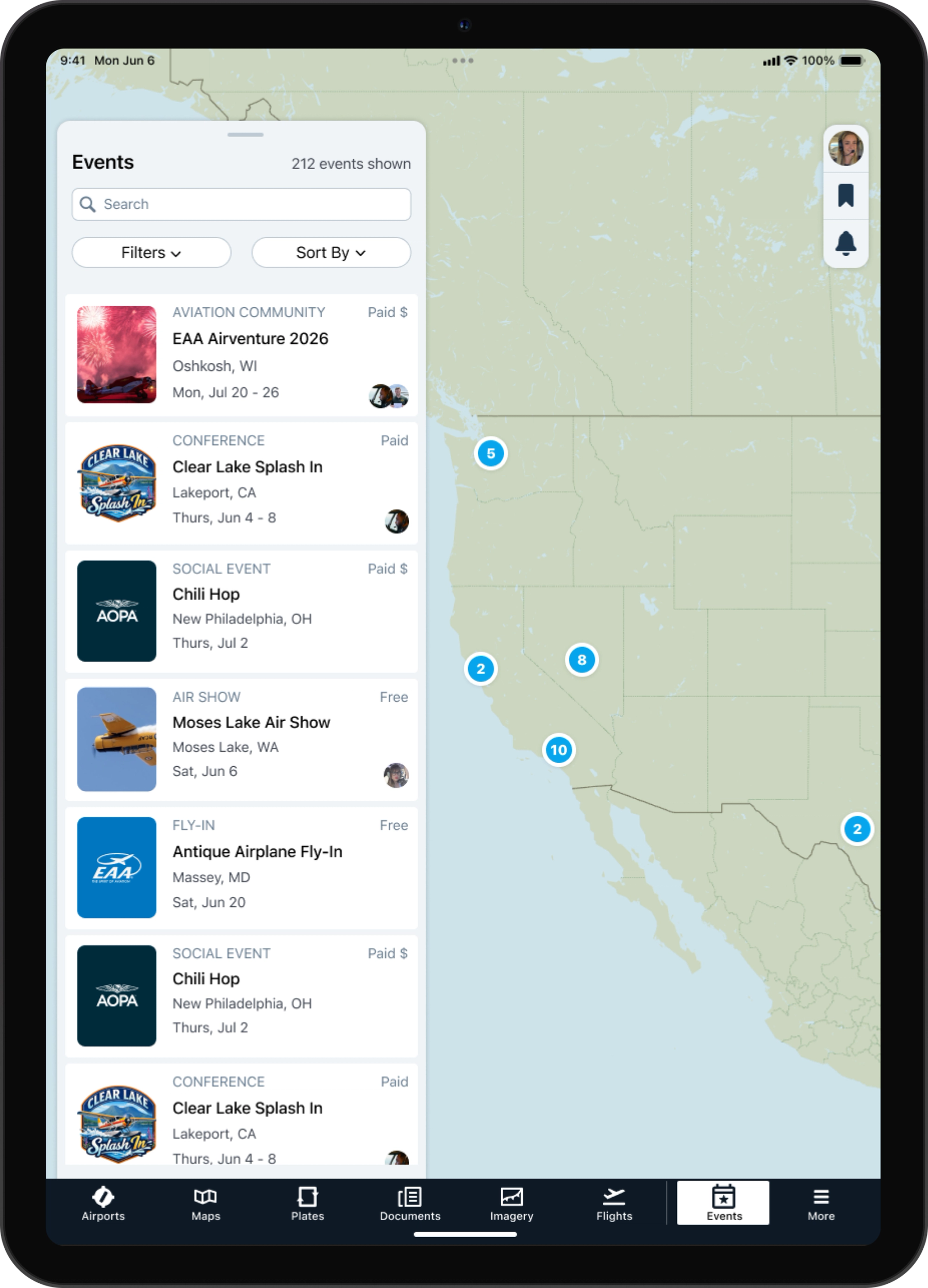 ForeFlight event browsing screens