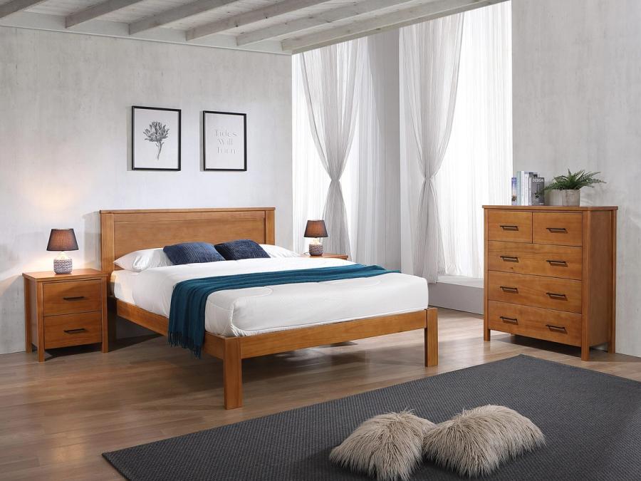 Tokoroa timber bed frame in a styled bedroom.