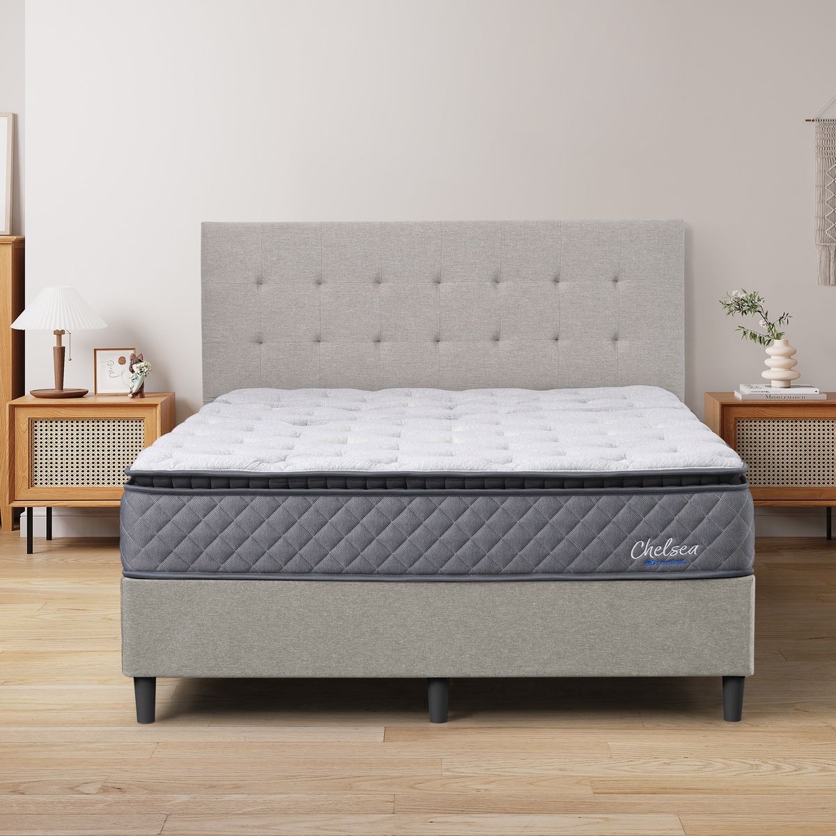 Dreamland Chelsea mattress, queen size, shown front-on in a styled bedroom.