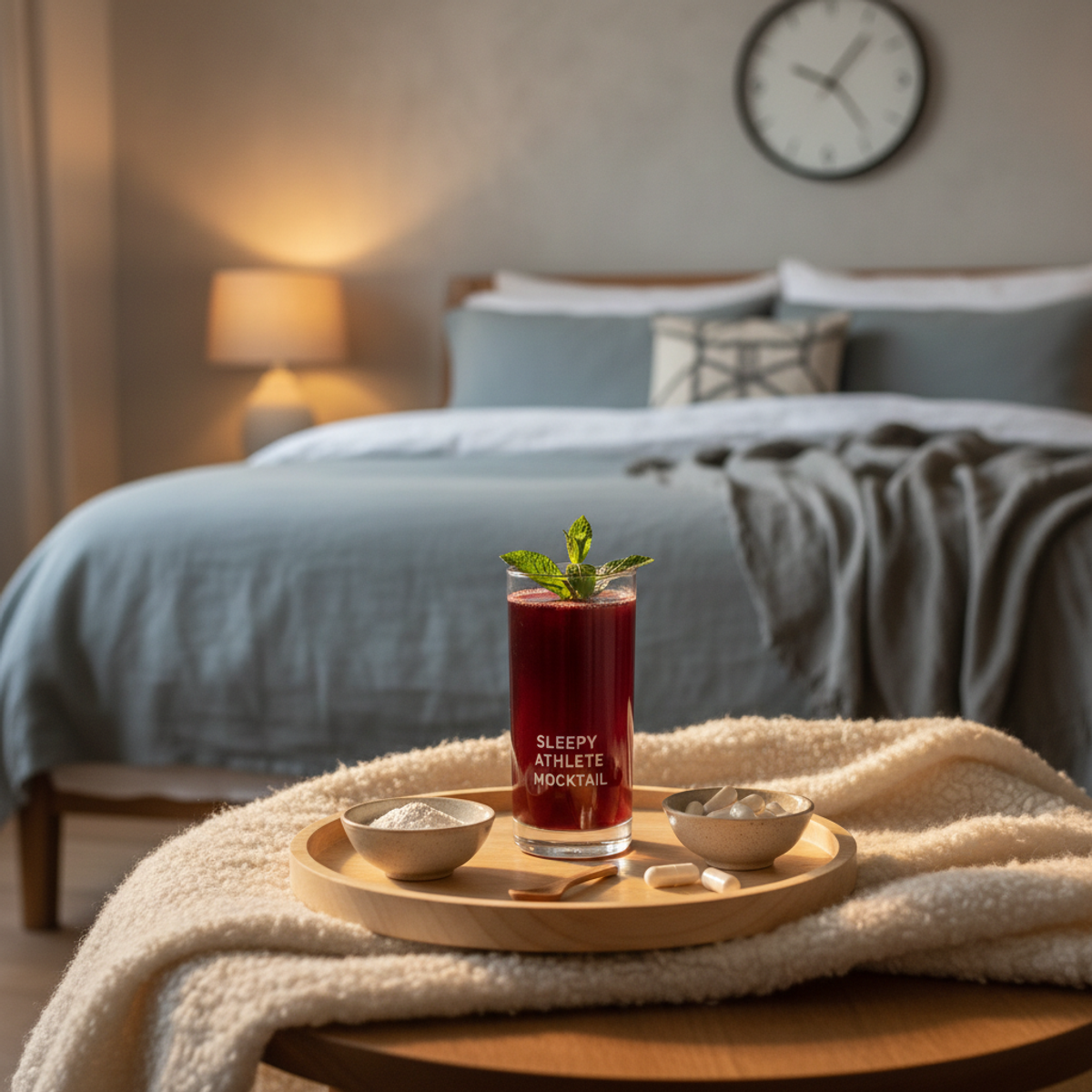A tart cherry nightcap drink on a bedside table
