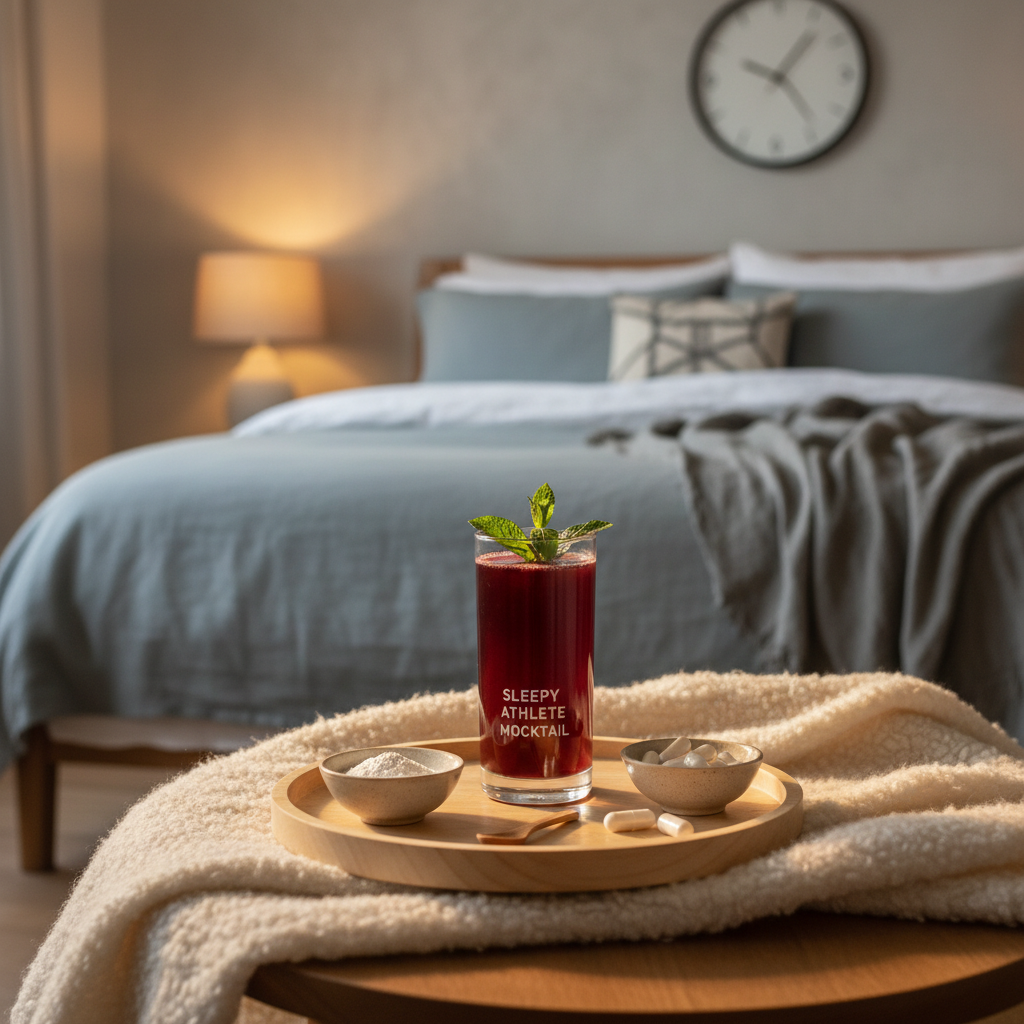 A tart cherry nightcap drink on a bedside table