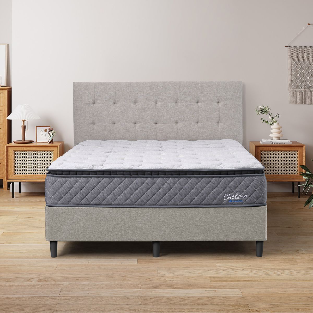 Dreamland Chelsea mattress, queen size, shown front-on in a styled bedroom.