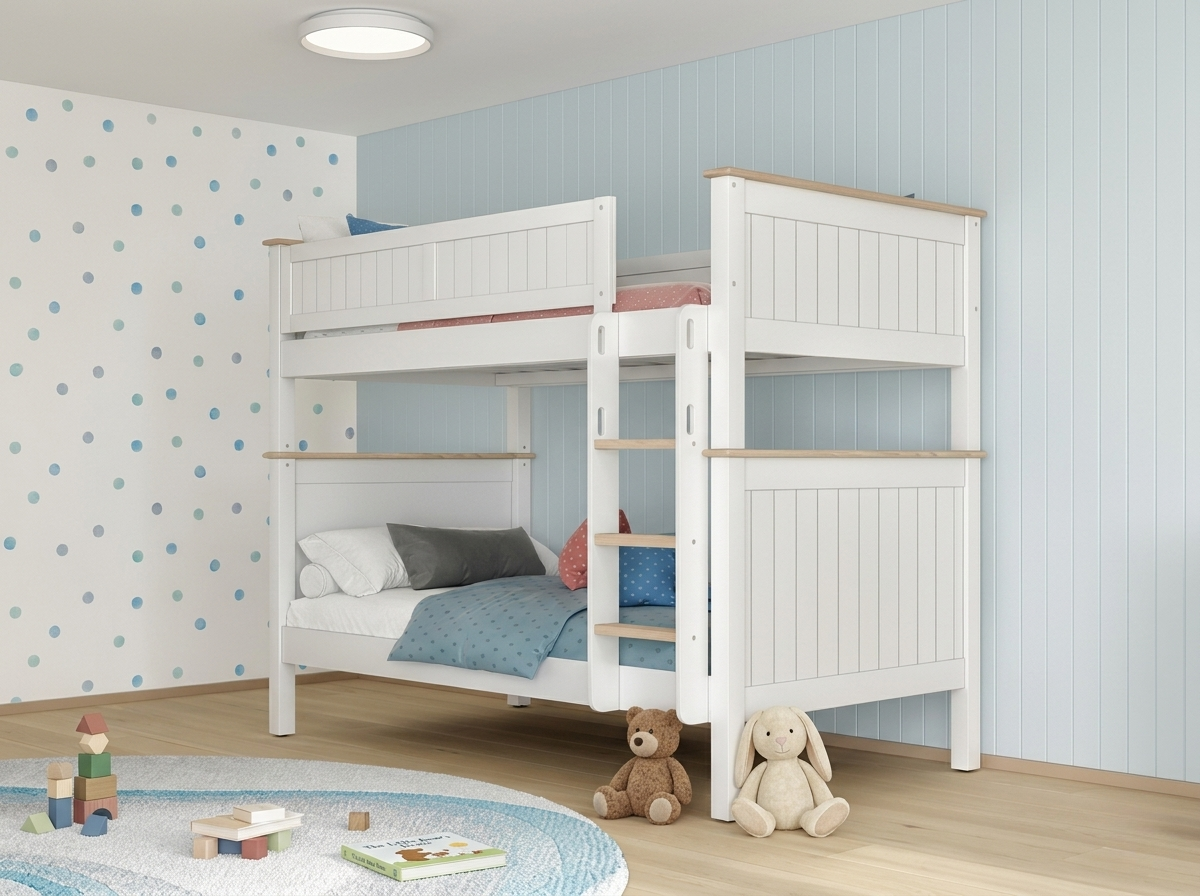 Tyler bunk bed in white, king single over king single, made up in a child’s bedroom