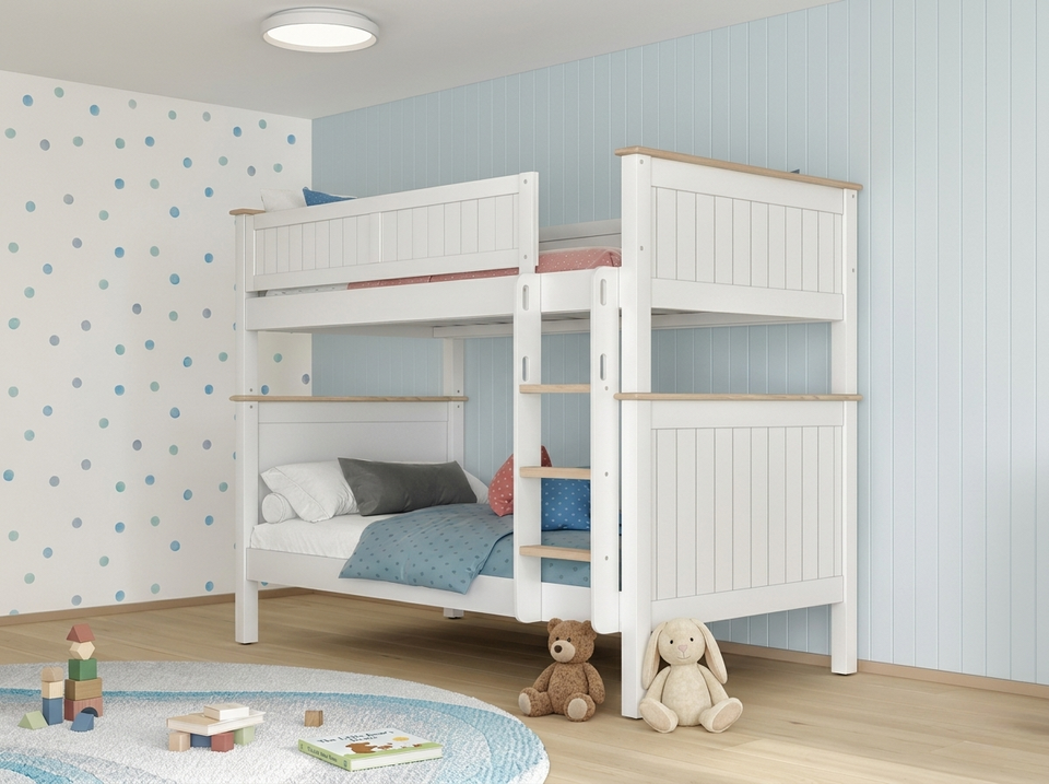 Tyler bunk bed in white, king single over king single, made up in a child’s bedroom