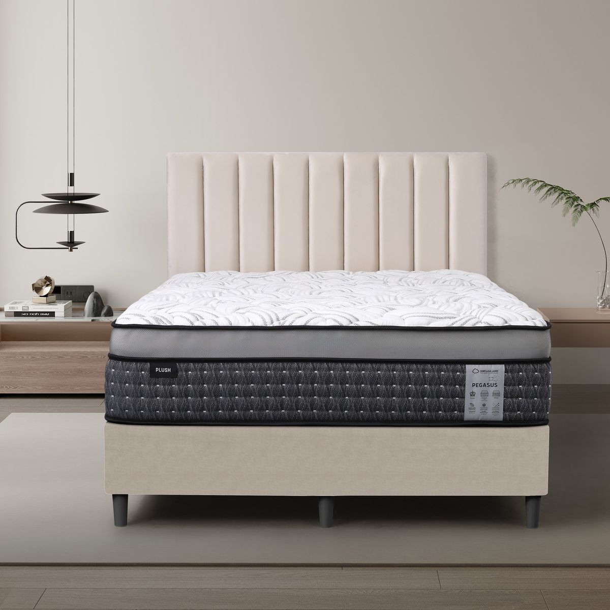 Dreamland Pegasus Plush mattress, queen size, shown front-on in a styled bedroom.