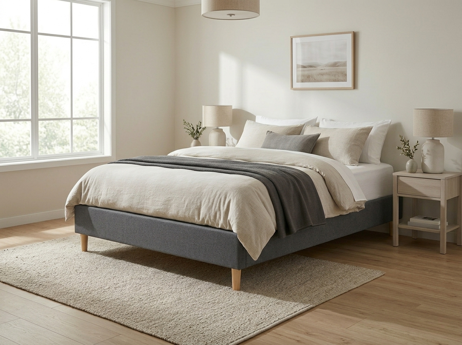 Takapuna kitset bed base in graphite grey, angled lifestyle view