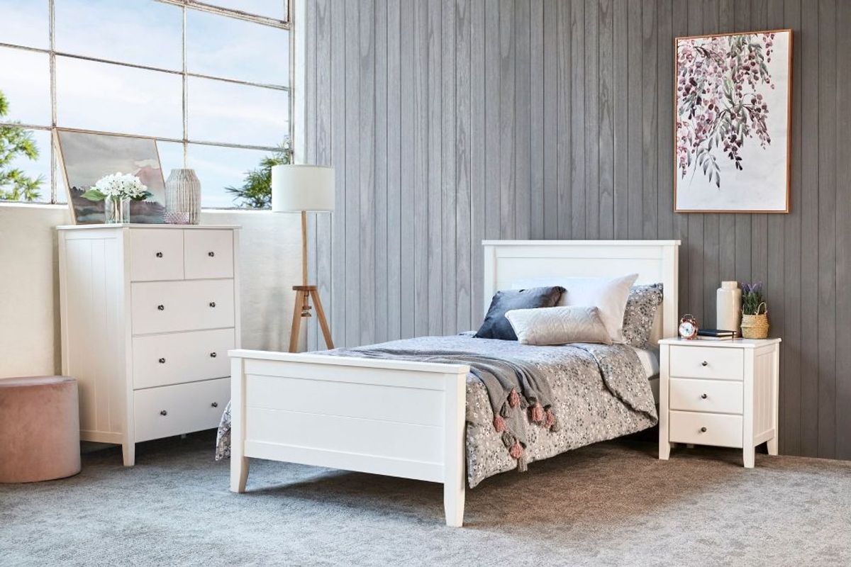 White Charlie single bed frame with matching tallboy and bedside table