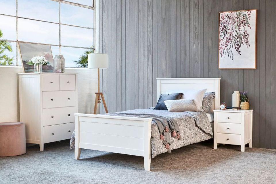 White Charlie single bed frame with matching tallboy and bedside table