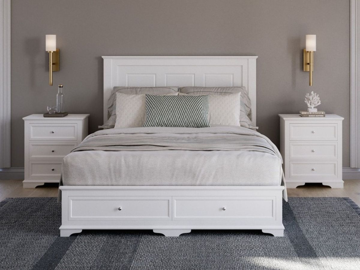 Plimmerton 2 drawer bed frame in white, front view with storage drawers.