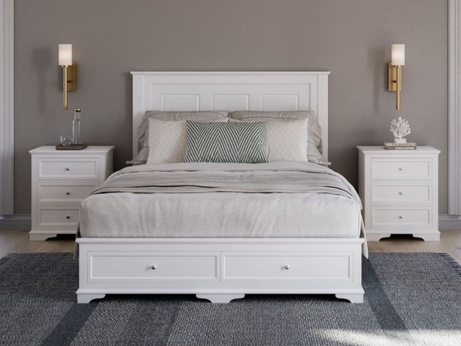 Plimmerton 2 drawer bed frame in white, front view with storage drawers.