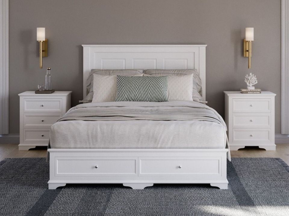 Plimmerton 2 drawer bed frame in white, front view with storage drawers.