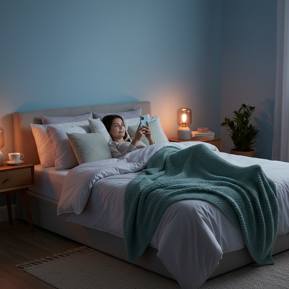 A phone screen glowing in a dark bedroom before sleep