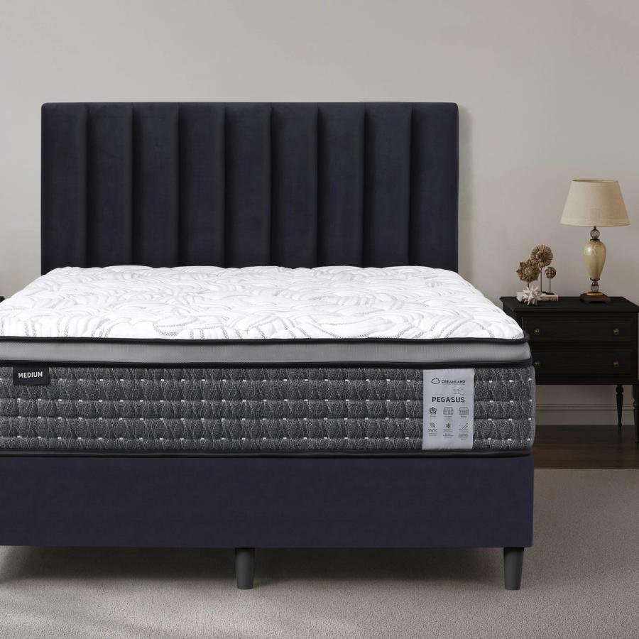 Dreamland Pegasus Medium mattress, queen size, shown front-on in a styled bedroom.