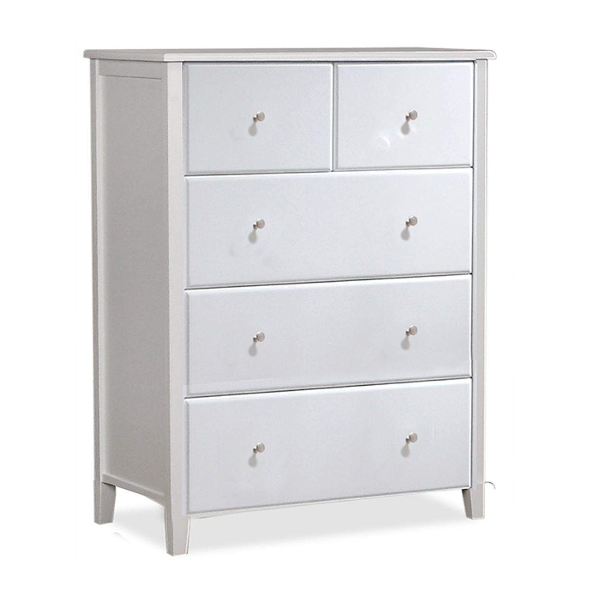 George five drawer tallboy in white.