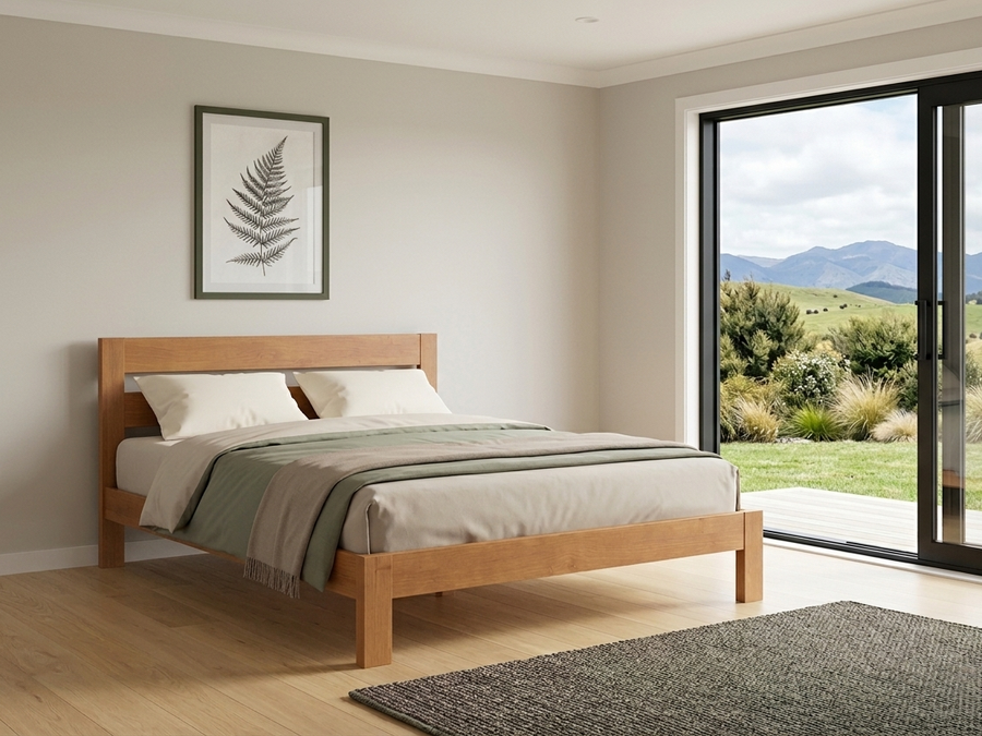 Kaimai timber bed frame, angled room view.