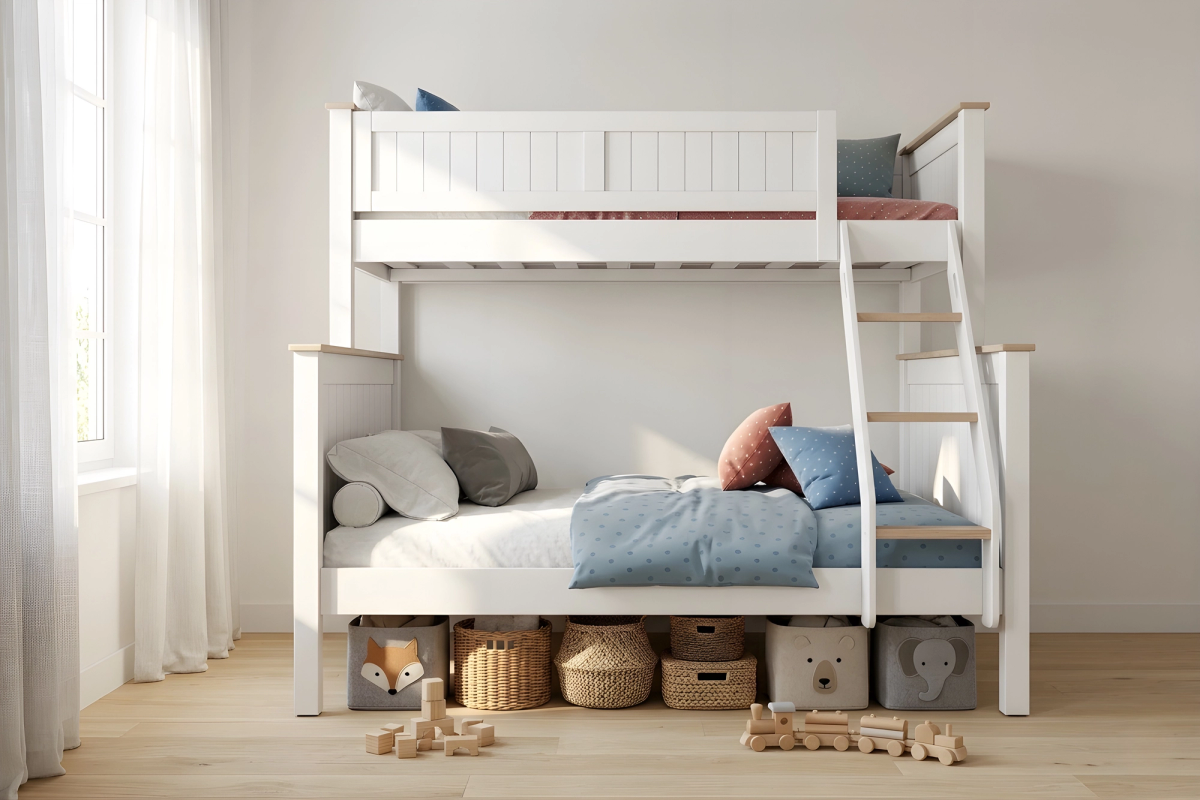 Tyler single over double bunk bed in white, with storage baskets under the double bunk