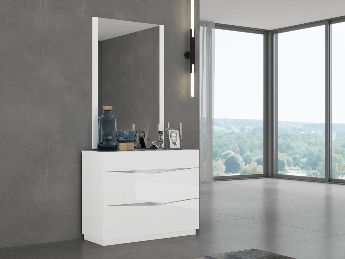 Orewa dresser and mirror in high-gloss white.