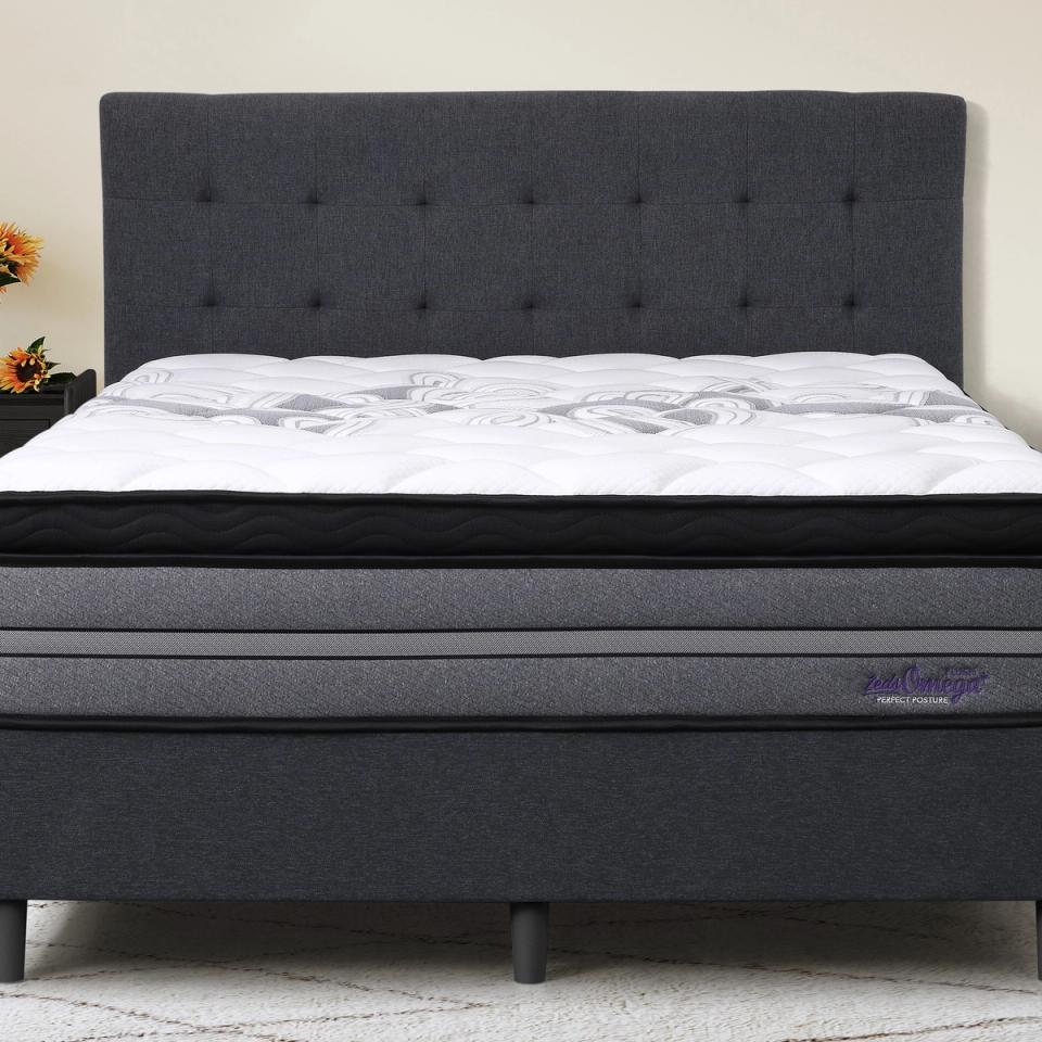 Dreamland Omega Plush mattress, queen size, shown front-on in a styled bedroom.
