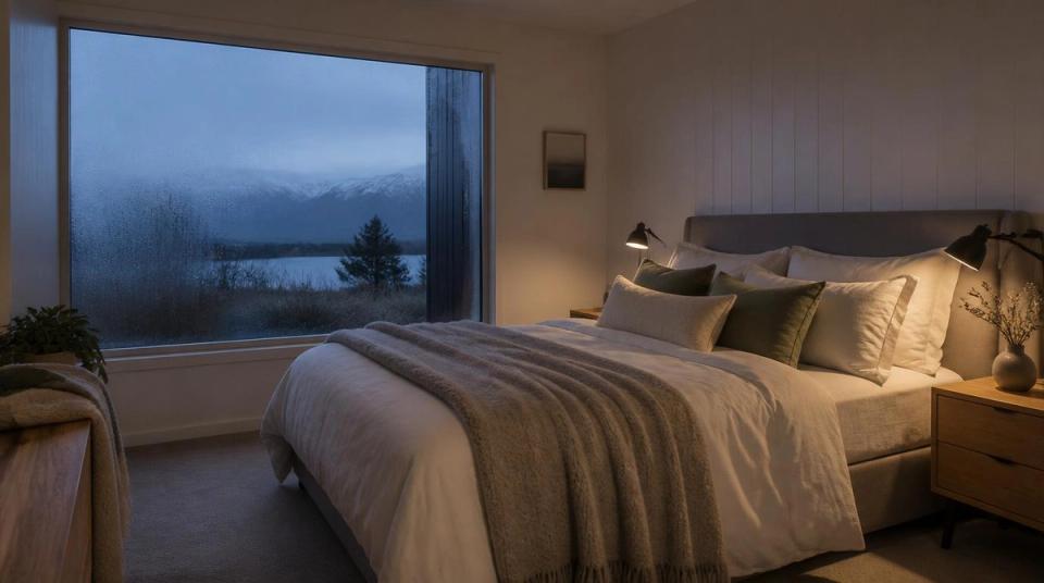 A cosy bed in a cool New Zealand bedroom in winter
