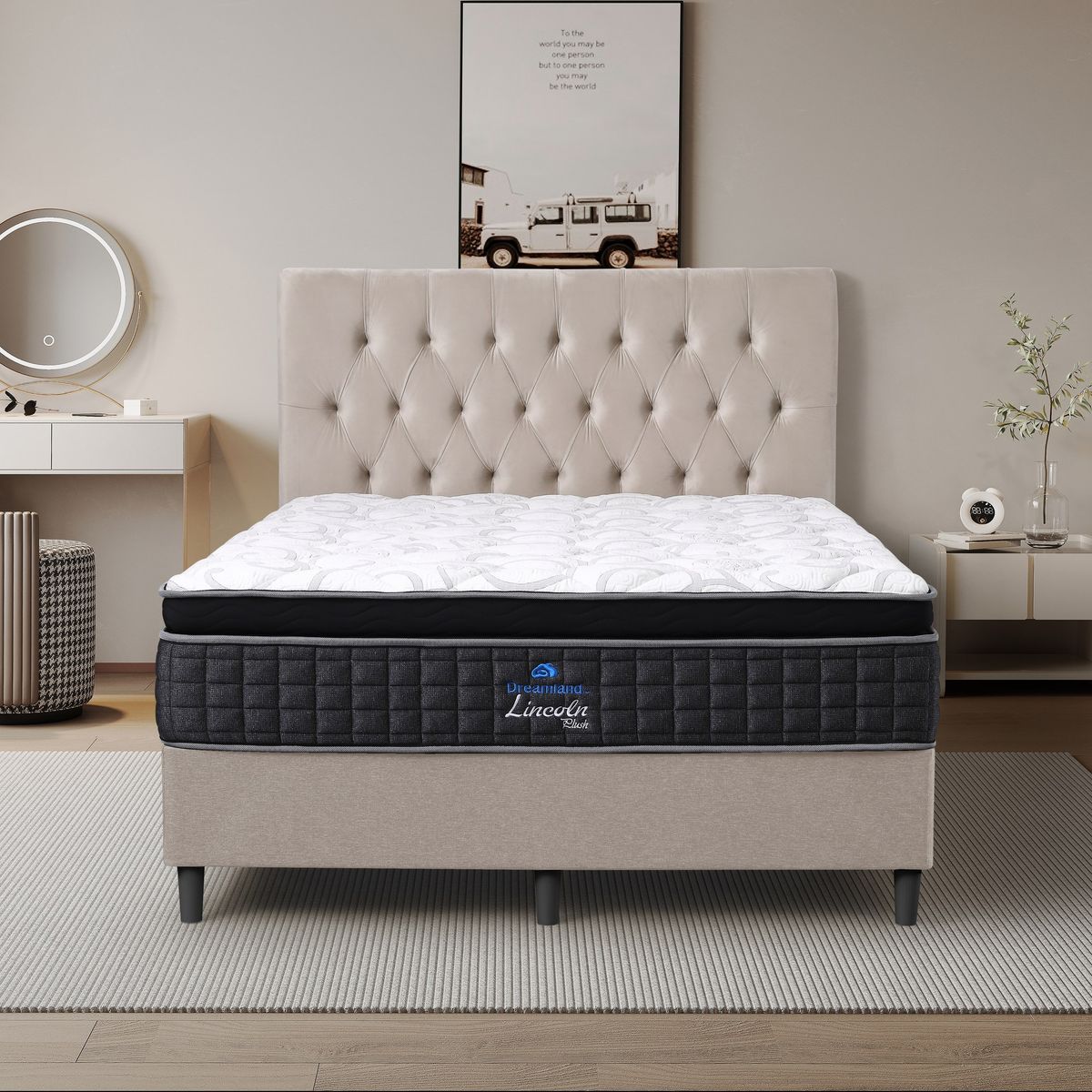 Dreamland Lincoln Plush mattress, queen size, shown front-on in a styled bedroom.