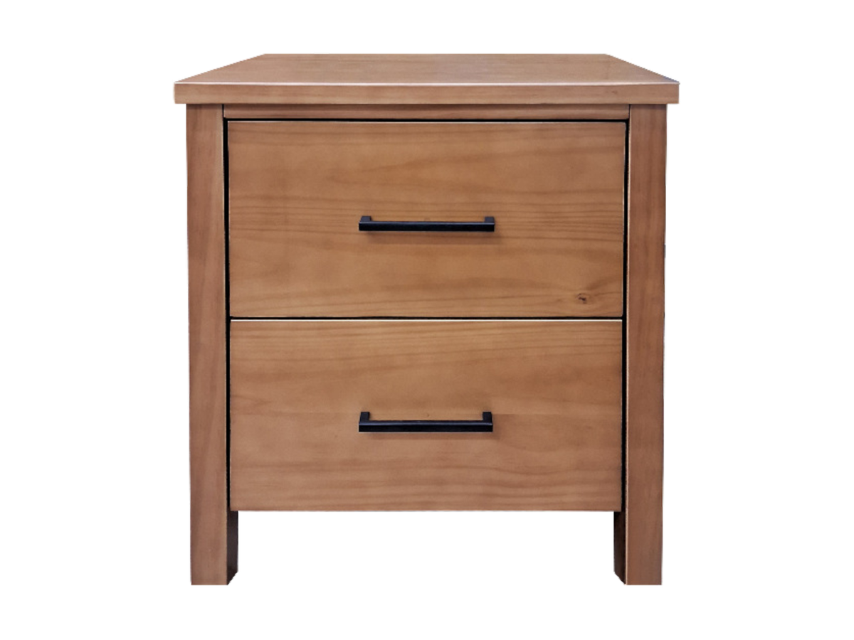 Tokoroa two drawer pine bedside table in a light rimu stain.