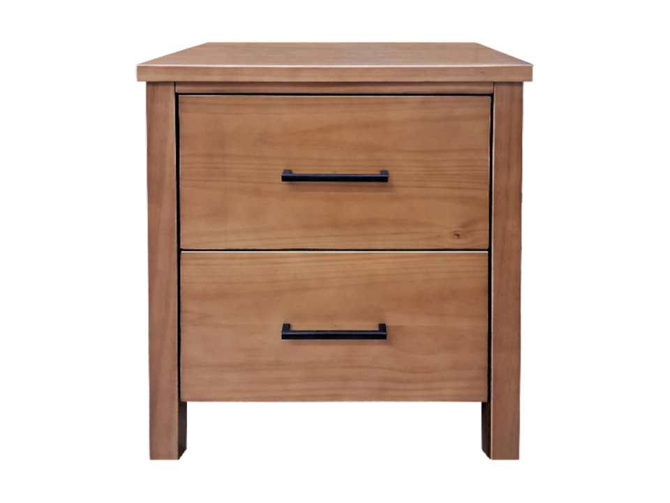 Tokoroa two drawer pine bedside table in a light rimu stain.