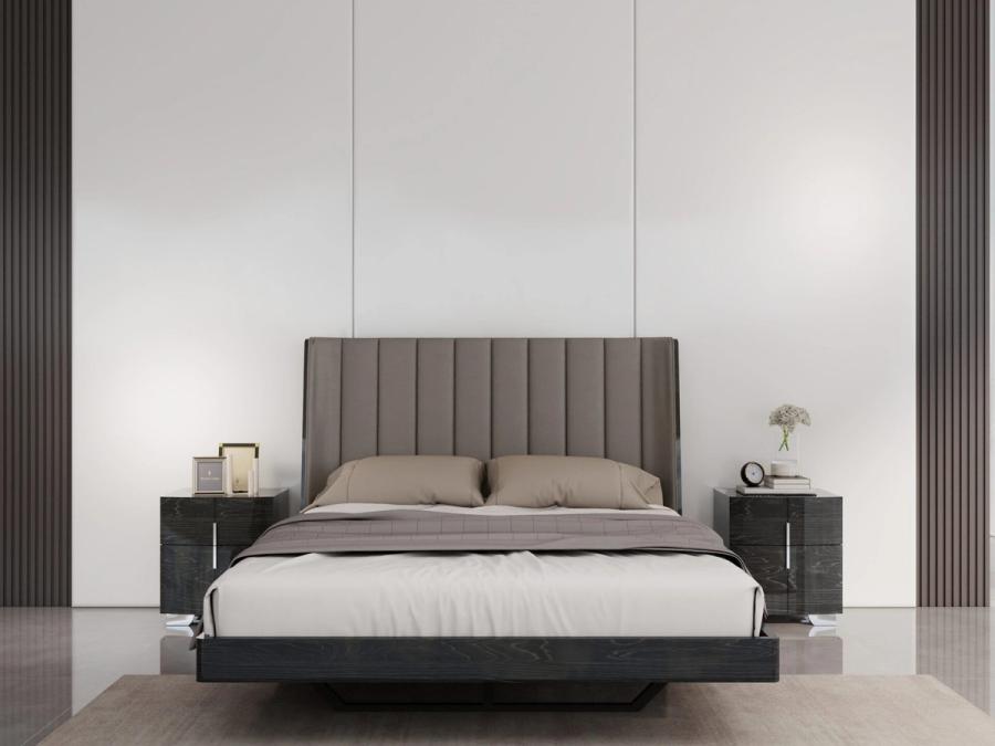 Westhaven bed frame in dark gloss with upholstered headboard wall.