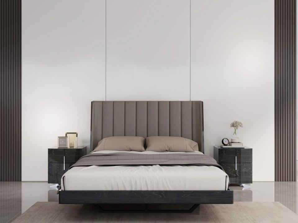 Westhaven bed frame in dark gloss with upholstered headboard wall.