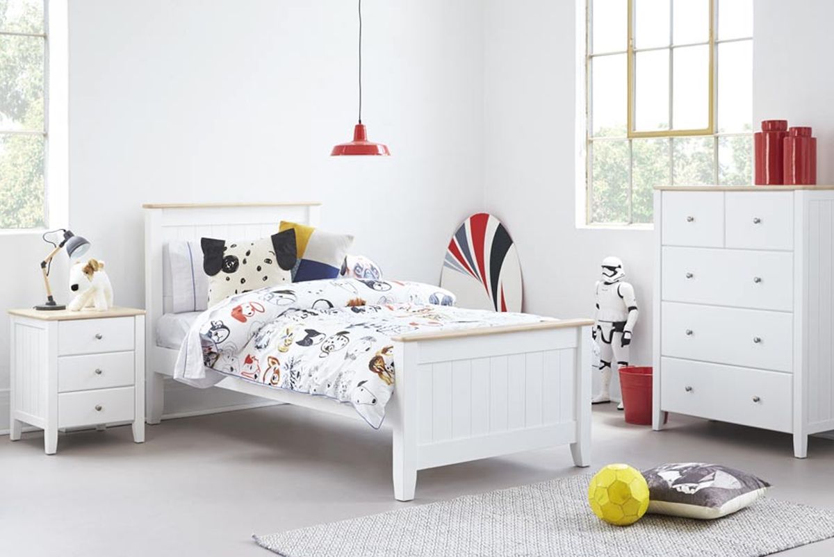 White Tyler single bed frame with timber top rail in a kids bedroom