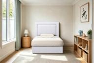 Herne Bay headboard in Alabaster Oatmeal, king single, styled bedroom.