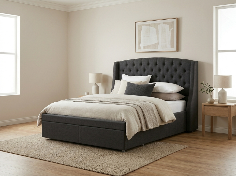 Miramar 2 drawer bed base in dark grey, angled lifestyle view