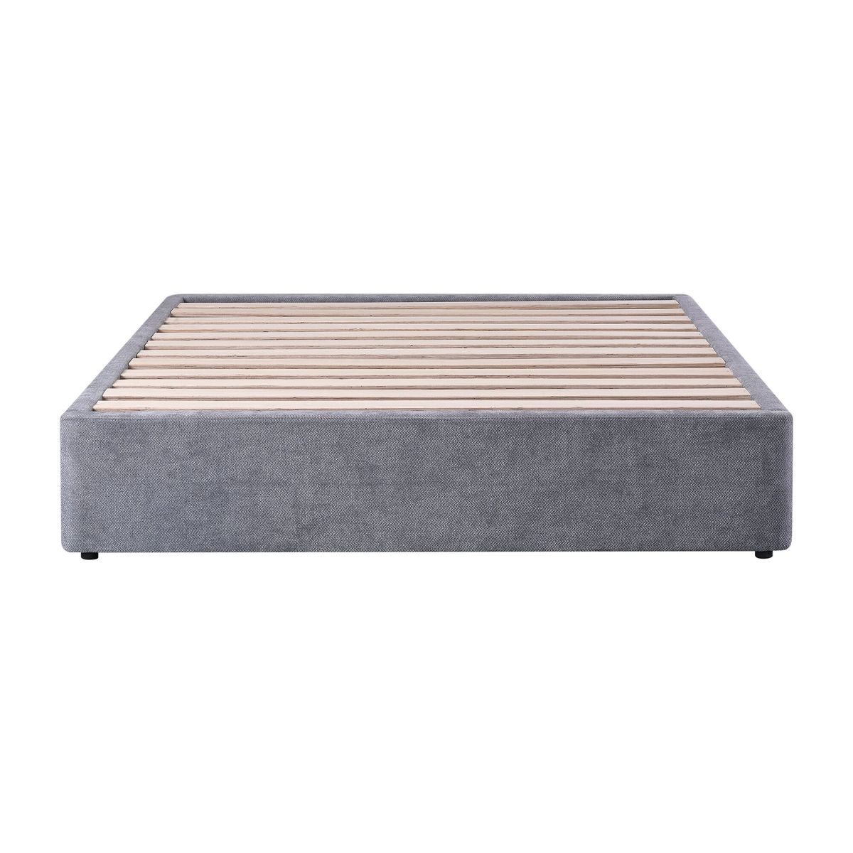 Devonport kitset bed base in Dune Chrome Grey, queen size, showing the upholstered panel and LVL slats.
