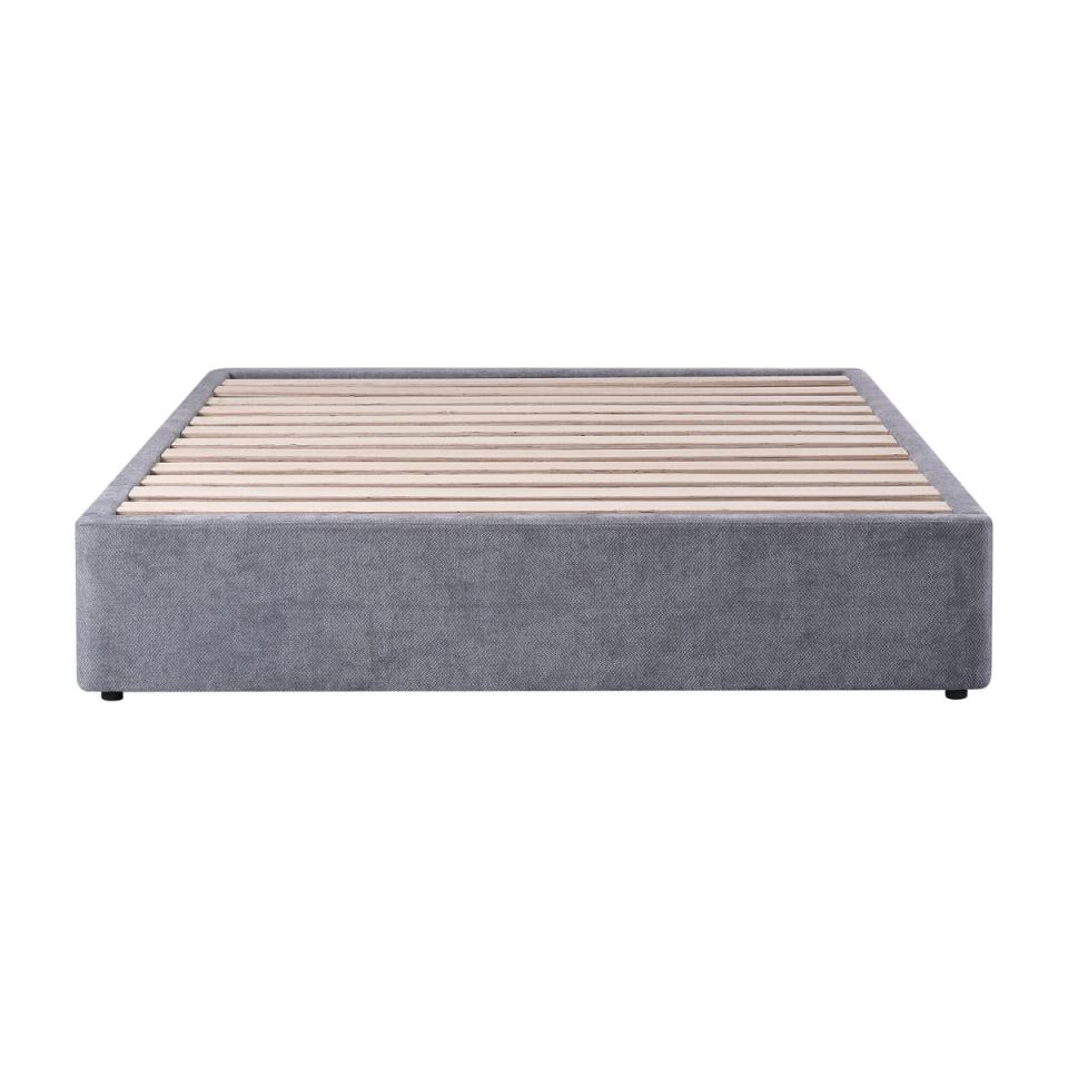 Devonport kitset bed base in Dune Chrome Grey, queen size, showing the upholstered panel and LVL slats.