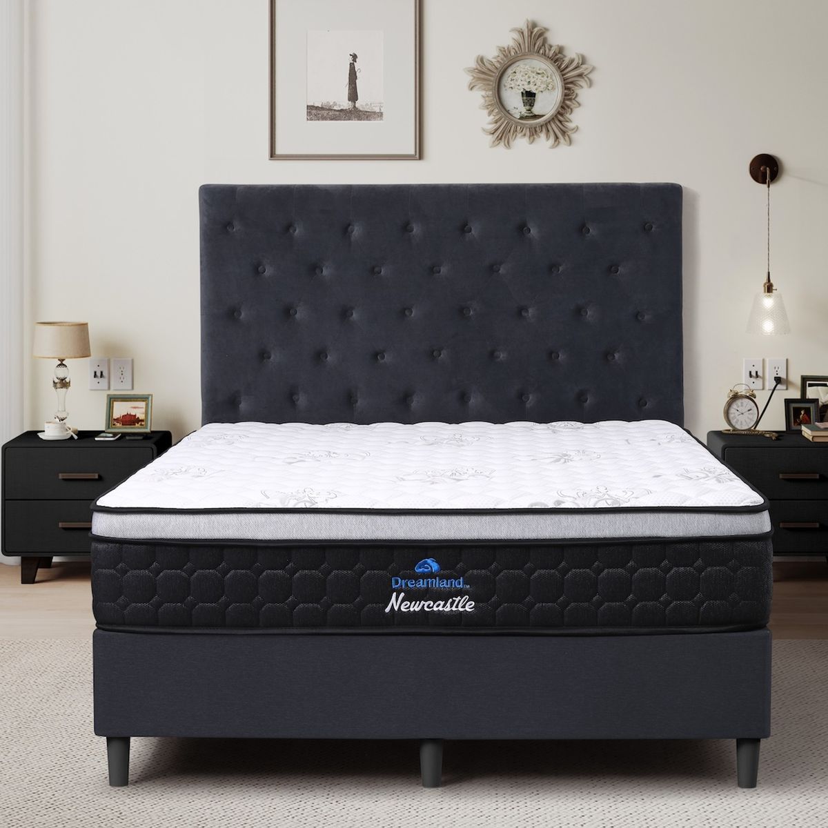 Dreamland Newcastle mattress, queen size, shown front-on in a styled bedroom.